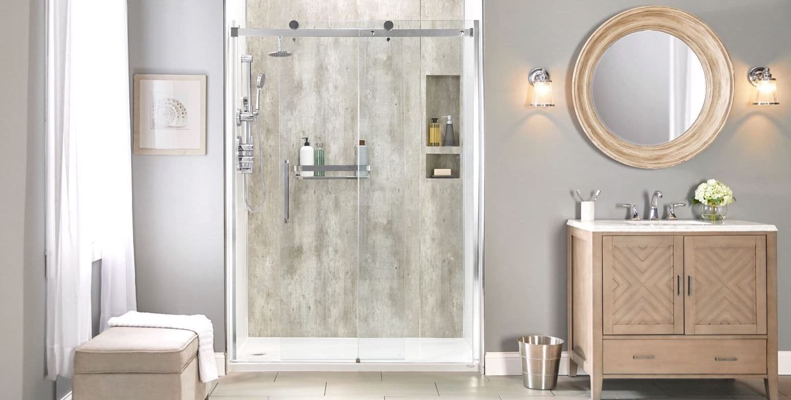 grey shower bathroom wood mirror drawers cabinets