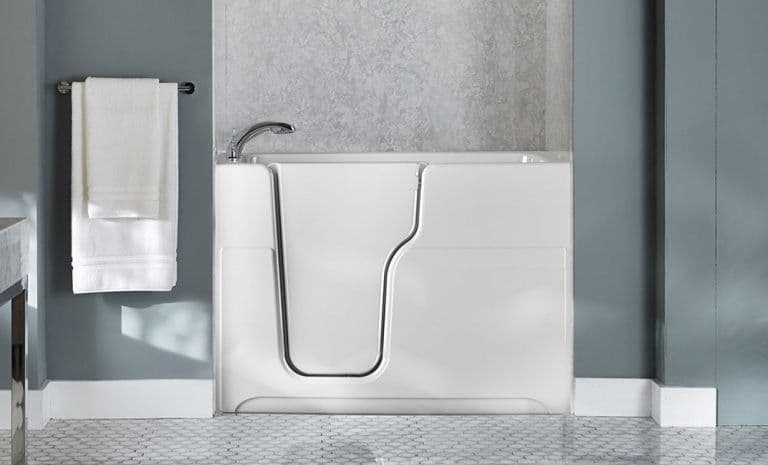 blue grey walls white walk in tub
