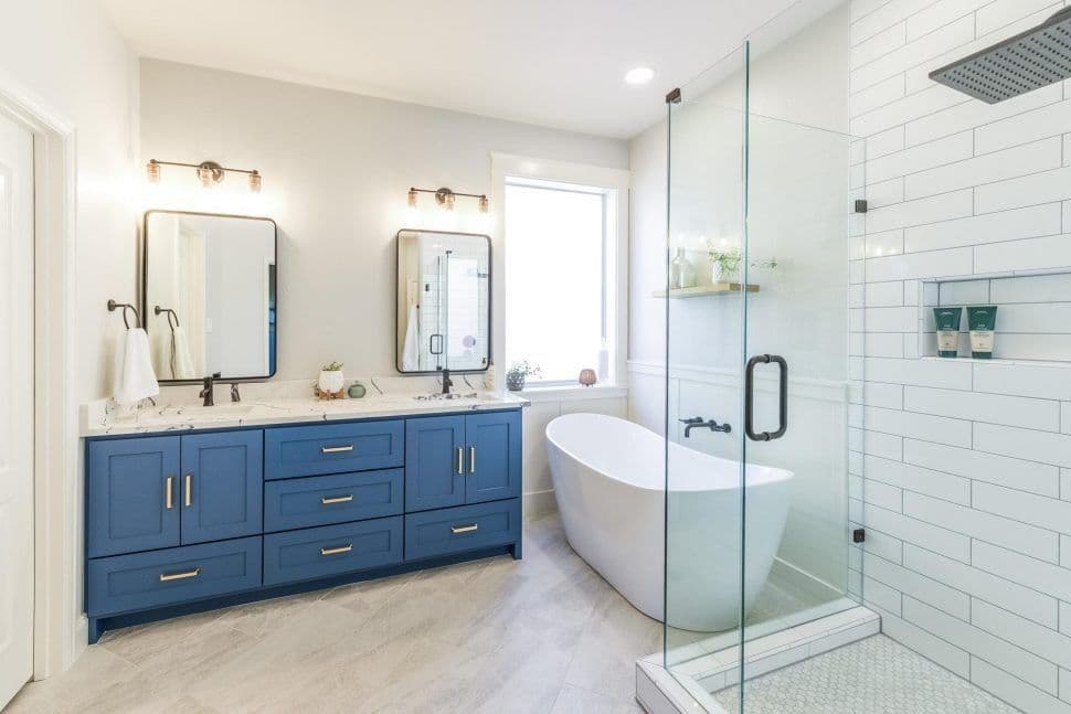 blue cabinets bathroom
