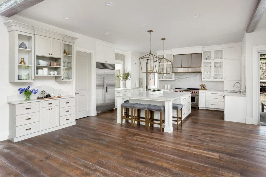 hardwood brown white island kitchen
