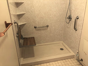 Seat and grab rail in a shower