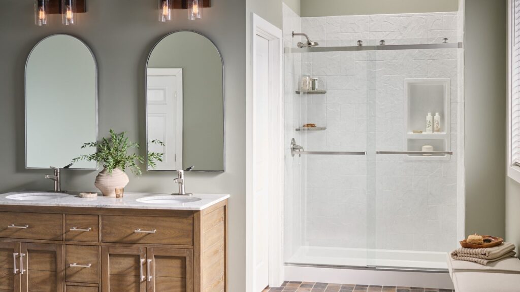 A newly remodeled bathroom after a tub to shower conversion.